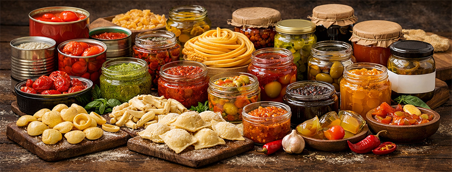 Italijanske konzerve, povrće u ulju, tradicionalni sosovi i gastronomski specijaliteti pripremljeni prema regionalnim recepturama.