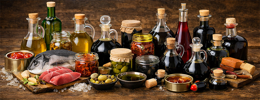 Ekstra devičansko maslinovo ulje, tradicionalna italijanska sirćeta, začini i aromatični proizvodi karakteristični za različite regione Italije.